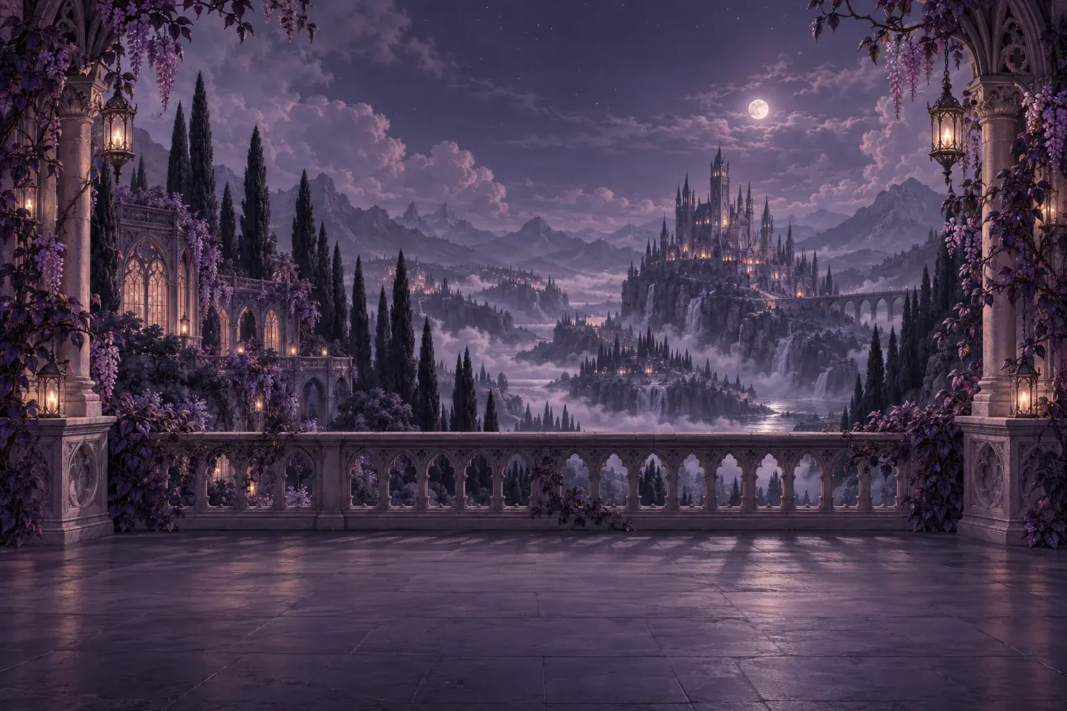 A moonlit garden terrace overlooking a lilac valley