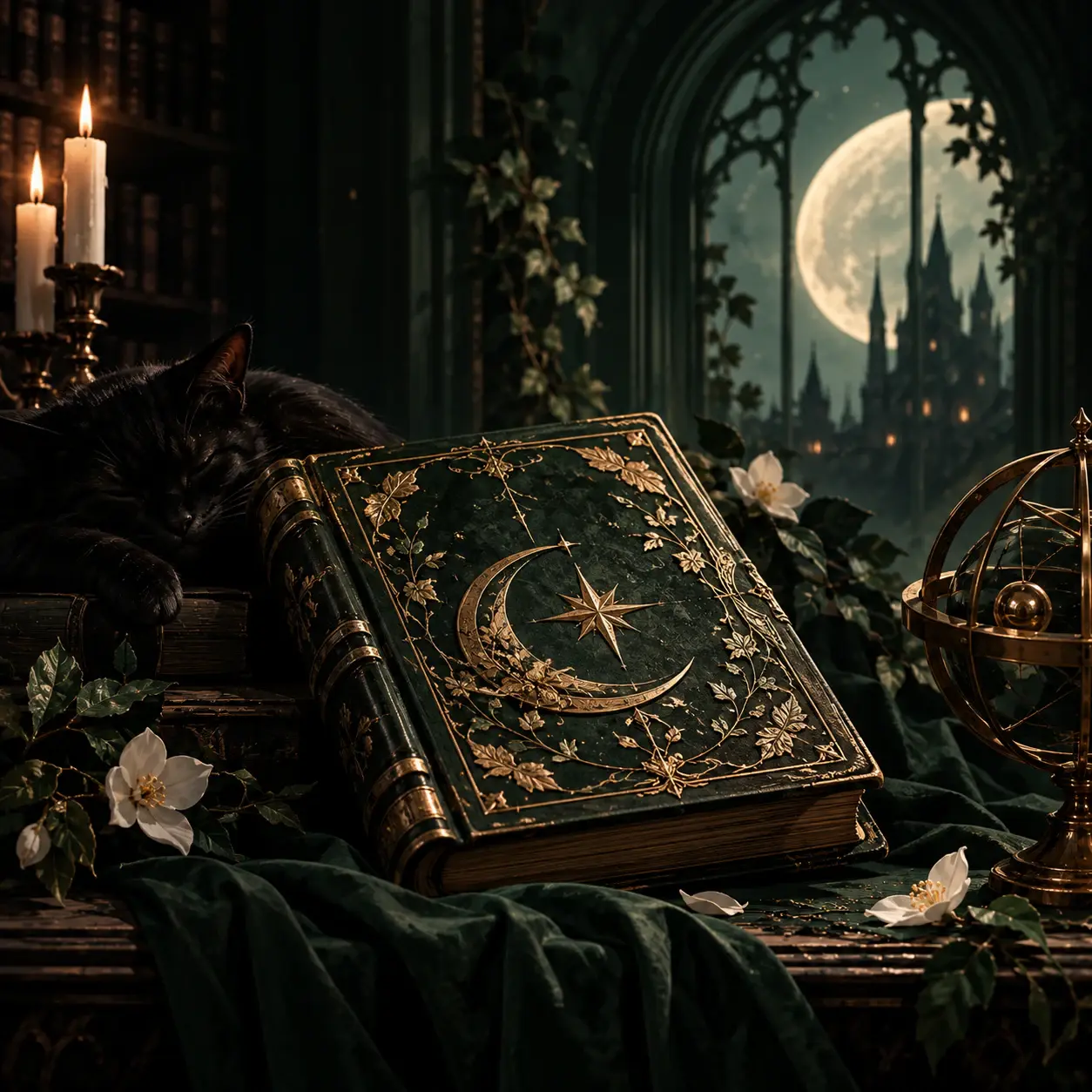 An ornate moon-and-stars storybook beside a sleeping black cat in the moonlit Forgotten Library