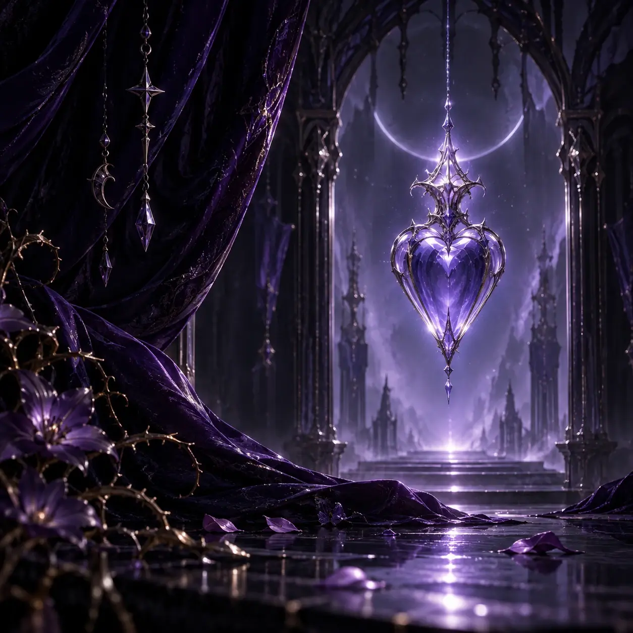 A luminous violet heart reliquary suspended within Limen’s moonlit gothic chamber