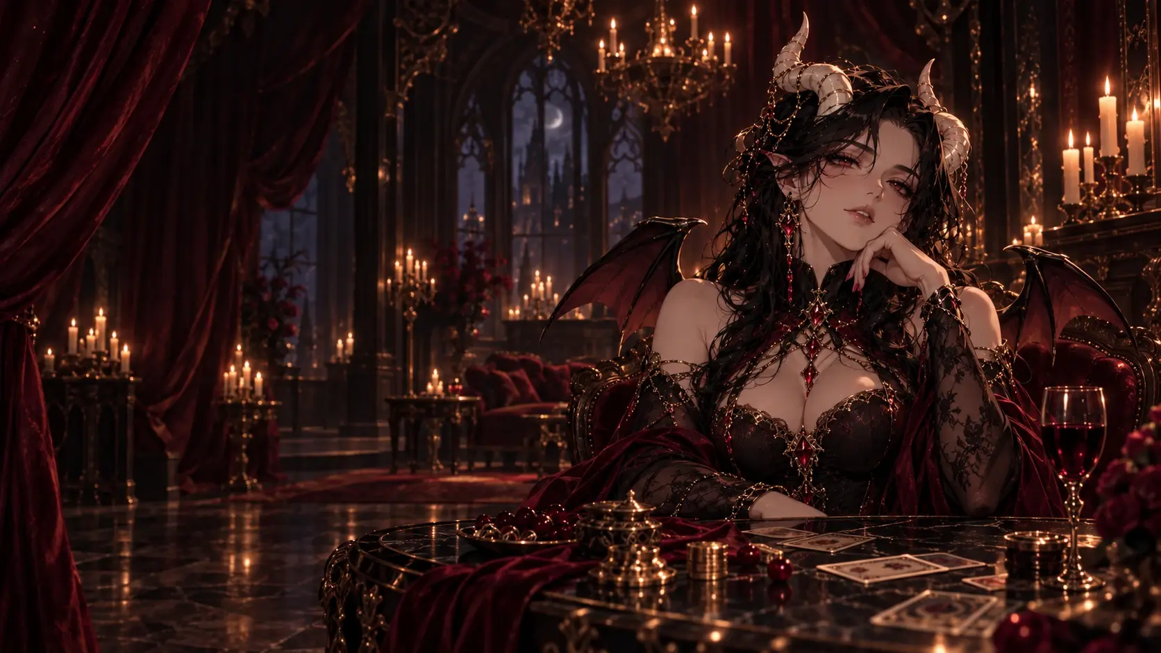 Vesper’s candlelit play house, draped in crimson velvet and antique gold